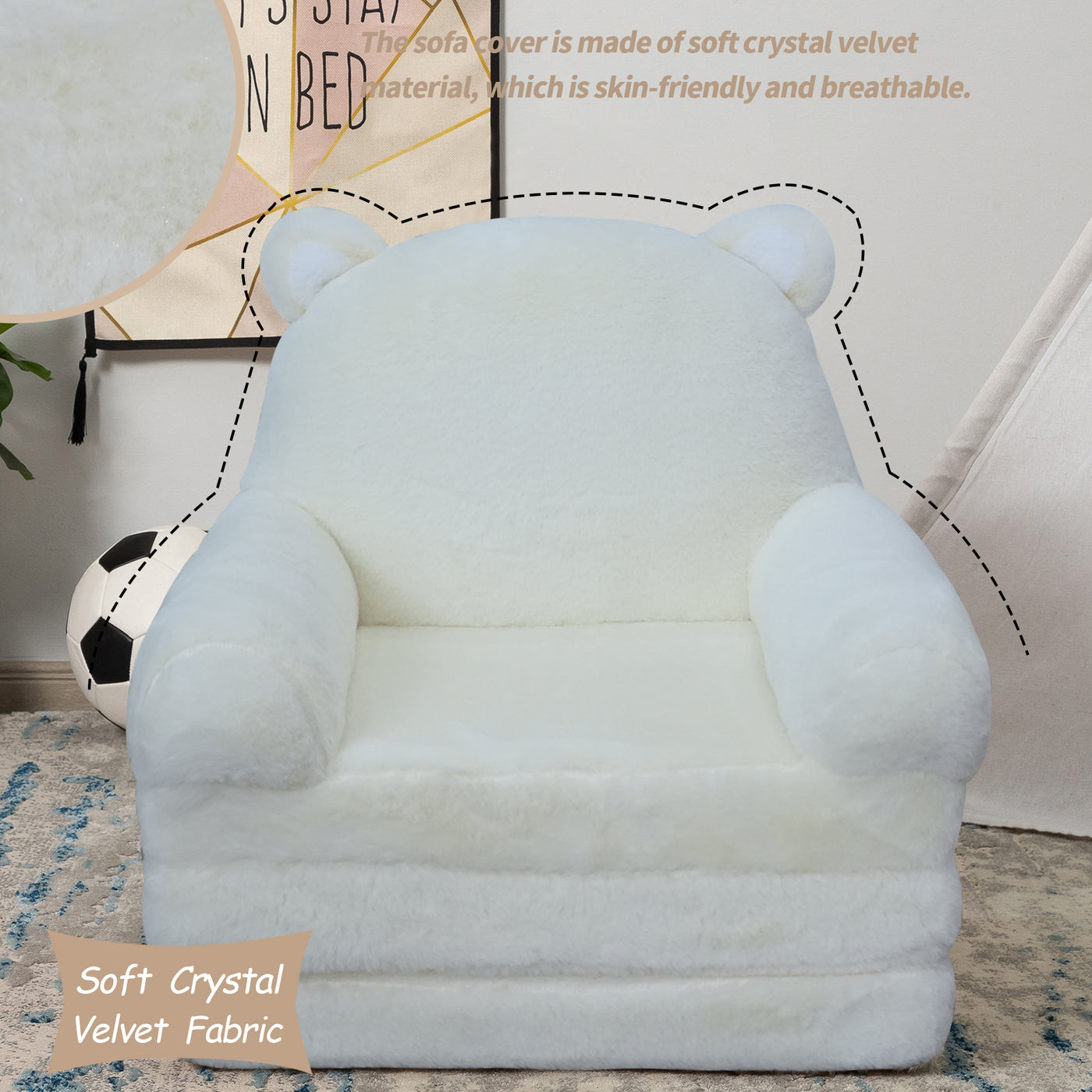 MAXYOYO Plush Foldable Kids Sofa, Children Couch Backrest Armchair Bed, White