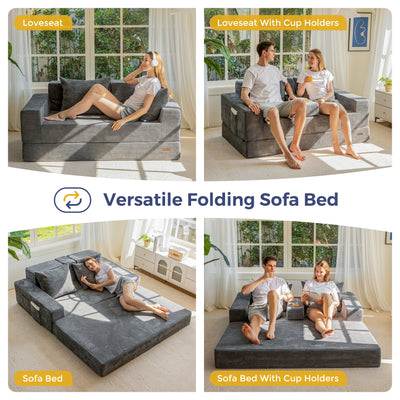 MAXYOYO Loveseat Sofa Bed, 4 in 1 Foldable Floor Sofa Couch in A Box with 2 Cup Holders, Convertible Boneless Couch Folding Recliner Sleeper Chair for Living Room, No Assembly Required