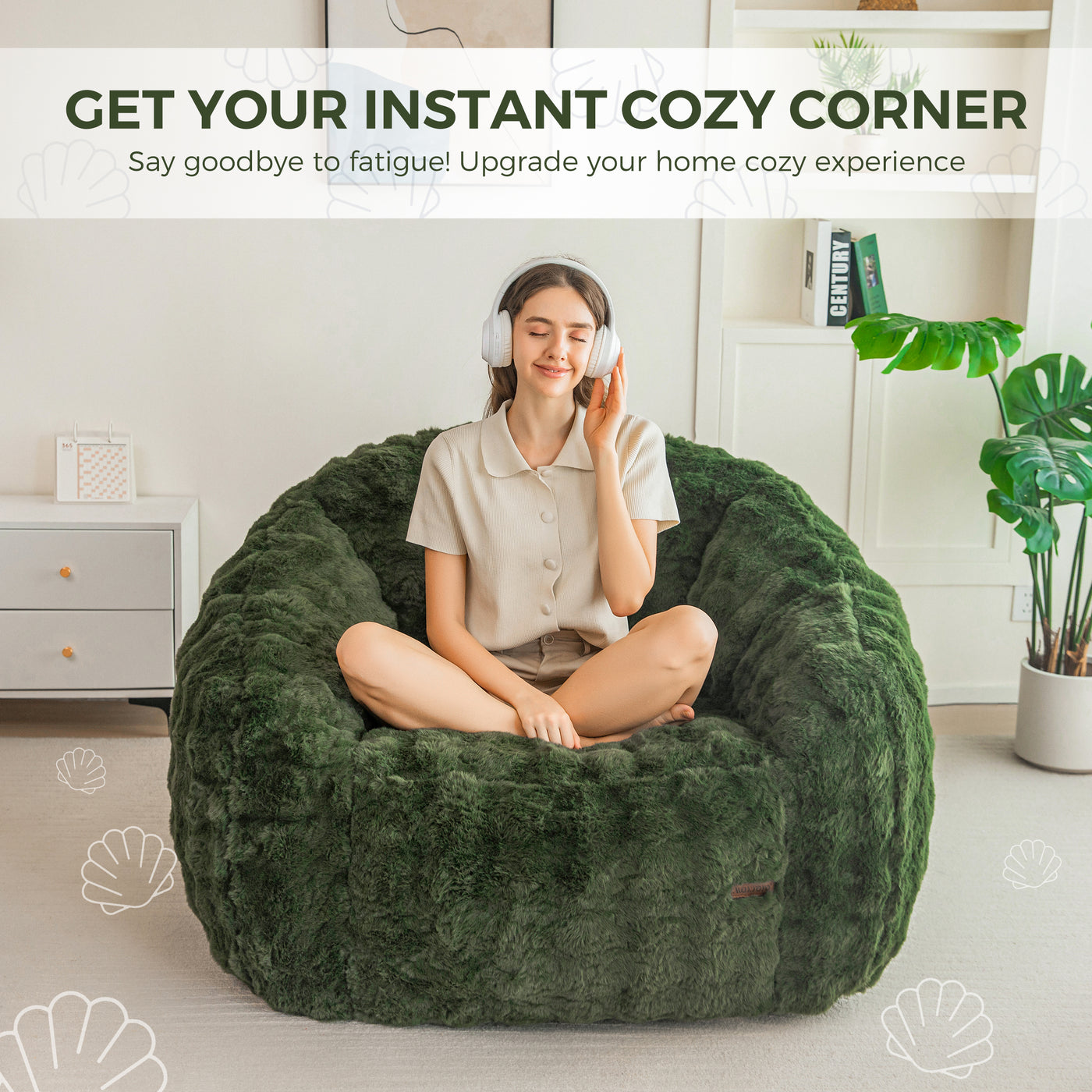 MAXYOYO Giant Bean Bag Chair for Adults, Stuffed Shell-Shaped Large Bean Bag Couch, Cozy Living Room Chair with Filler, Floor Sofa Lazy Sofa for Bedroom Living Room