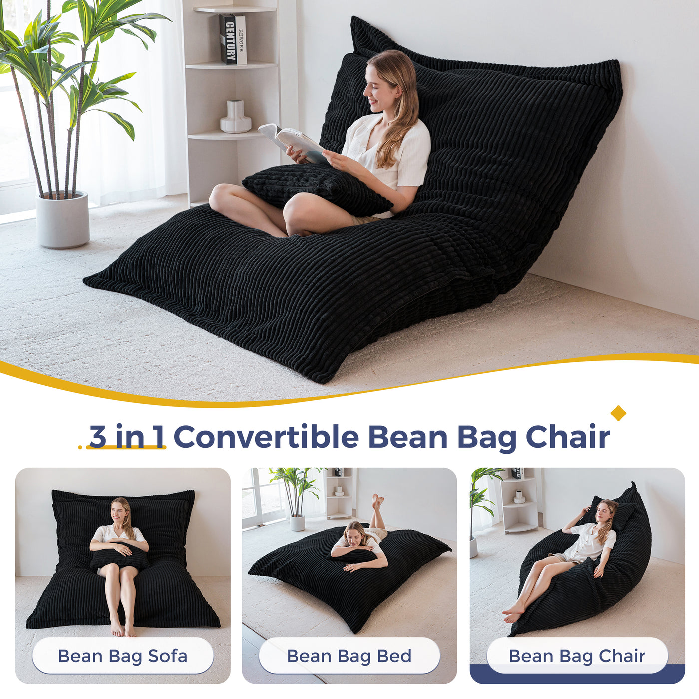 MAXYOYO Giant Bean Bag Chair with Pillow, 3 in 1 Convertible Bean Bag Bed for Adults with Washable Cover, Removable Floor Cushion Stuffed Floor Lounger for Living Room Bedroom, Black