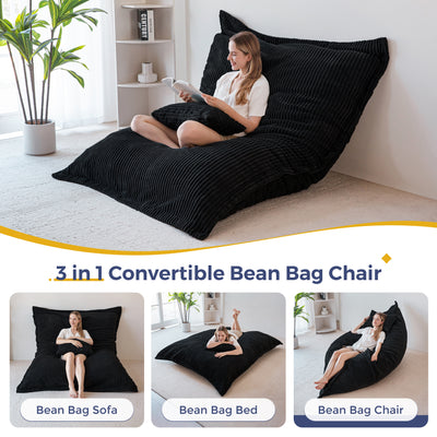 MAXYOYO Giant Bean Bag Chair with Pillow, 3 in 1 Convertible Bean Bag Bed for Adults with Washable Cover, Removable Floor Cushion Stuffed Floor Lounger for Living Room Bedroom, Black