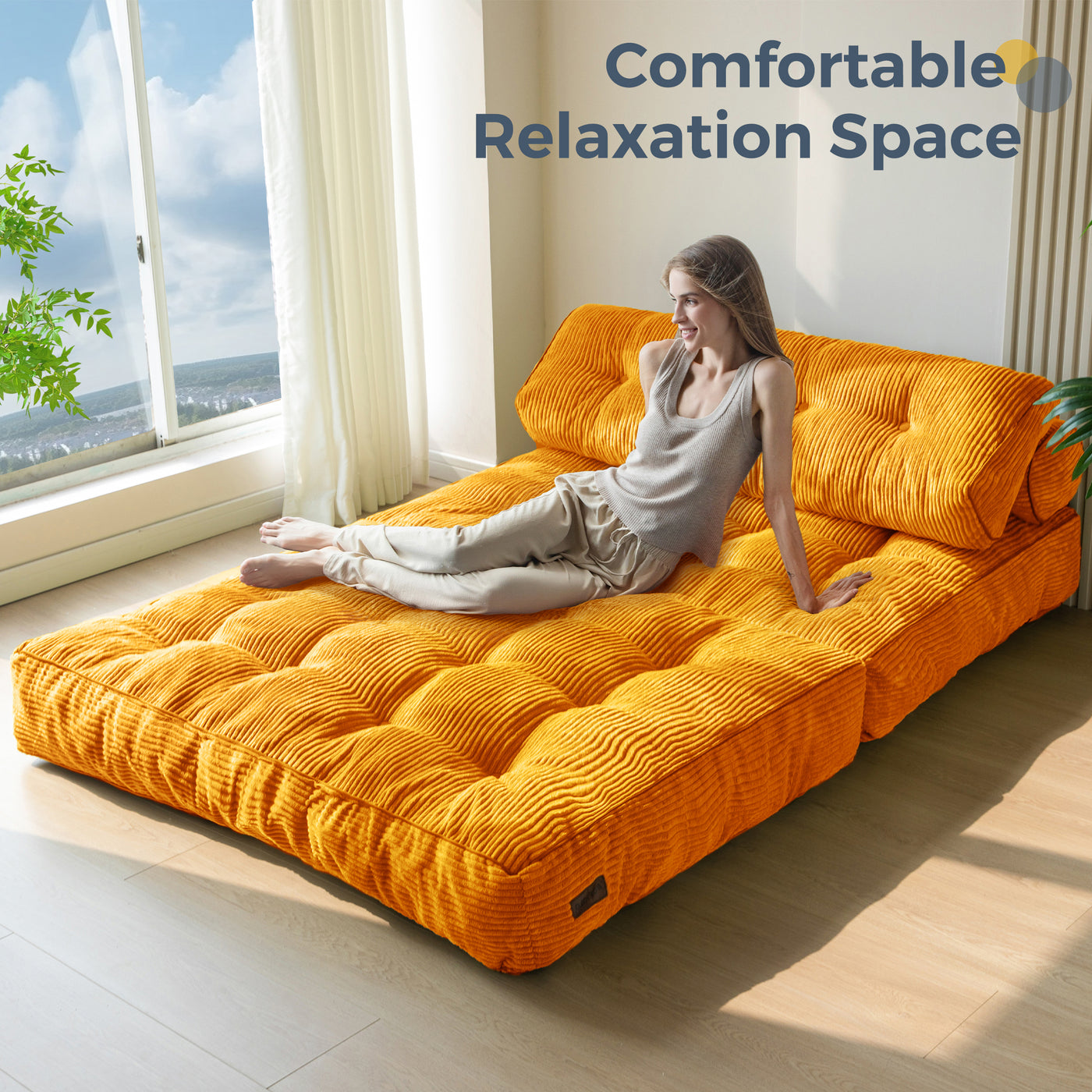 MAXYOYO Folding Sofa Bed, Convertible Sleeper Chair with Pillow Foldable Matress with Back Support, Portable Fold Out Chair Bed Comfy Floor Sofa Lounge for Living Room Bedroom, Orange Double
