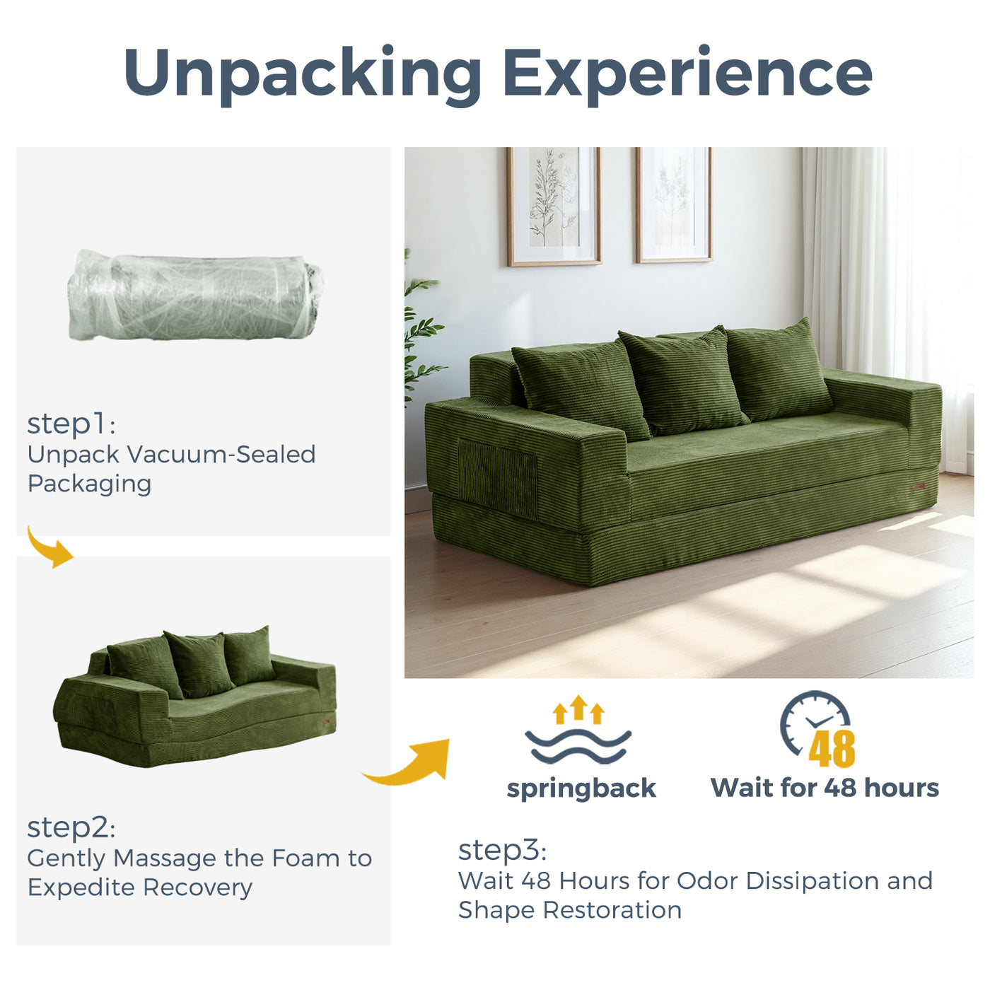 MAXYOYO 3-Seater Sofa Bed in a Box – Corded 4-in-1 Floor Couch with Cup Holders, No Tools Needed, Dark Green