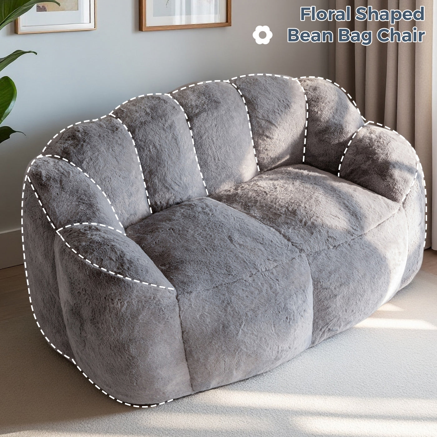 MAXYOYO Bean Bag Chair, Ultra Soft Faux Fur Loveseat Floral Petal Back Sofa for Adults, Double Size (Dark Grey)