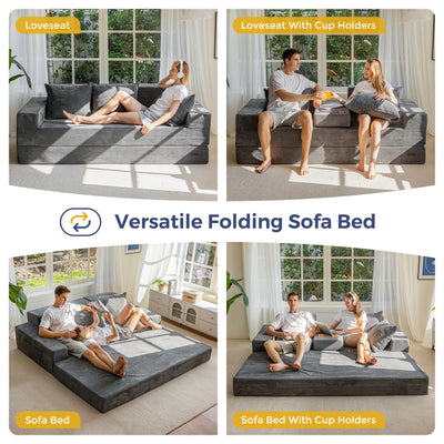 MAXYOYO Sofa Bed, 4 in 1 Foldable Floor Sofa Couch in A Box with 2 Cup Holders, Convertible 3 Seater Boneless Couch Folding Recliner Sleeper Chair for Living Room, No Assembly Required