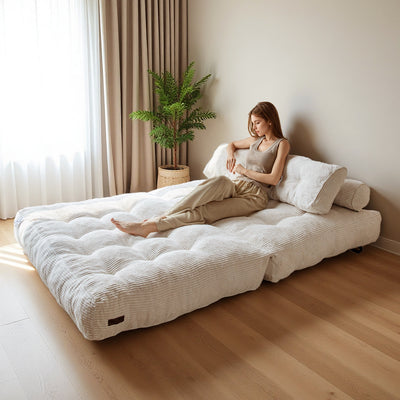MAXYOYO Corduroy Folding Sofa Bed, Convertible Sleeper Chair with Pillow Foldable Mattress with Back Support(Double), Beige