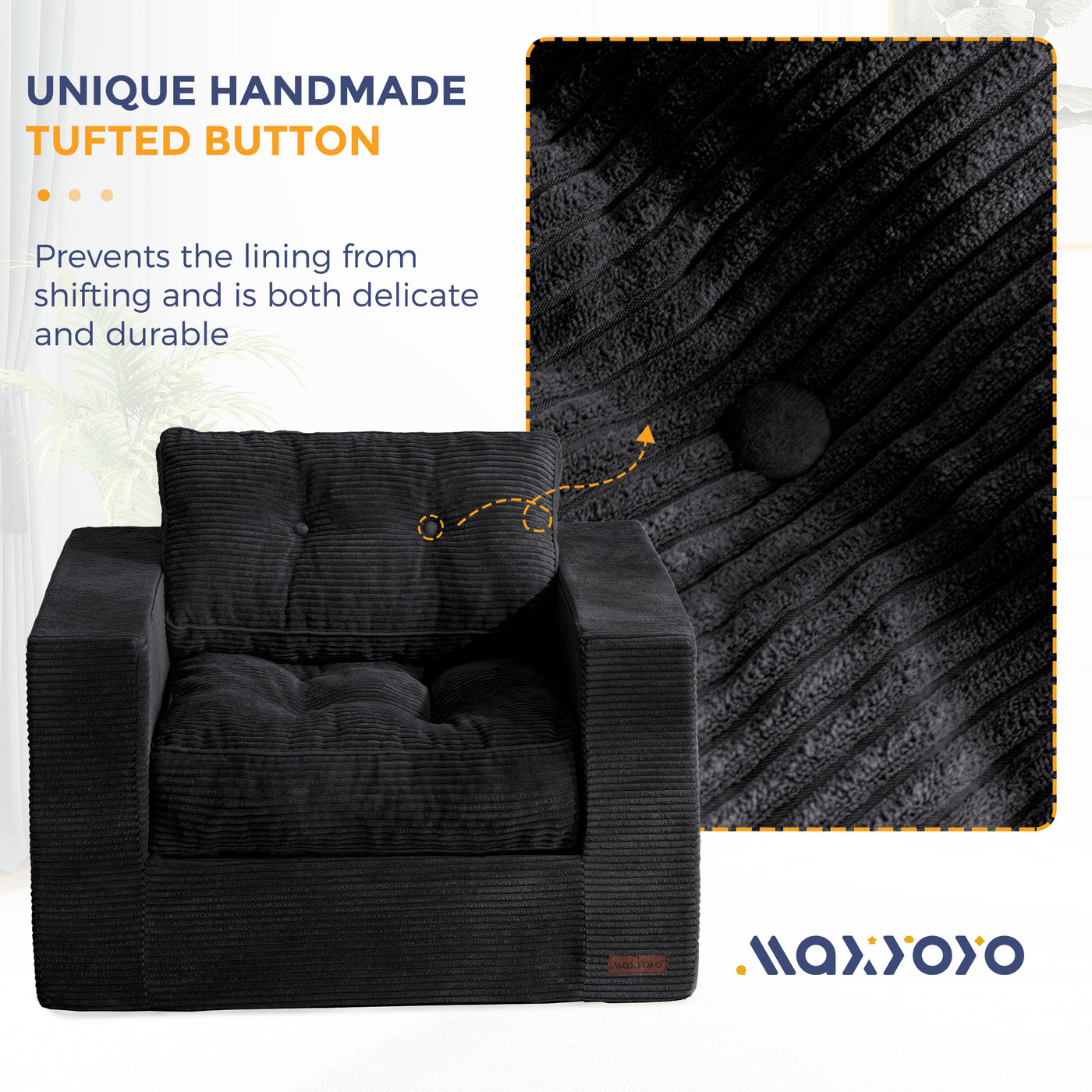 MAXYOYO Bean Bag Chair for Adults, Upholstered Floor Sofa with Armrests, Boneless Couch with Tufted Cushion & Backrest, Sofa in A Box, Large Bean Bag Couch for Bedroom Living Room, Dorm, Black