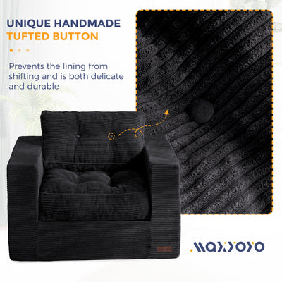 MAXYOYO Bean Bag Chair for Adults, Upholstered Floor Sofa with Armrests, Boneless Couch with Tufted Cushion & Backrest, Sofa in A Box, Large Bean Bag Couch for Bedroom Living Room, Dorm, Black