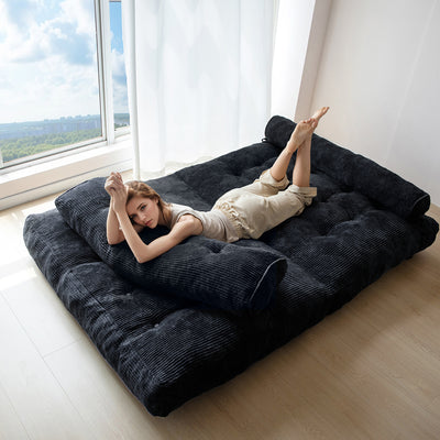 MAXYOYO Corduroy Folding Sofa Bed, Convertible Sleeper Chair with Pillow Foldable Mattress with Back Support(Double), Black