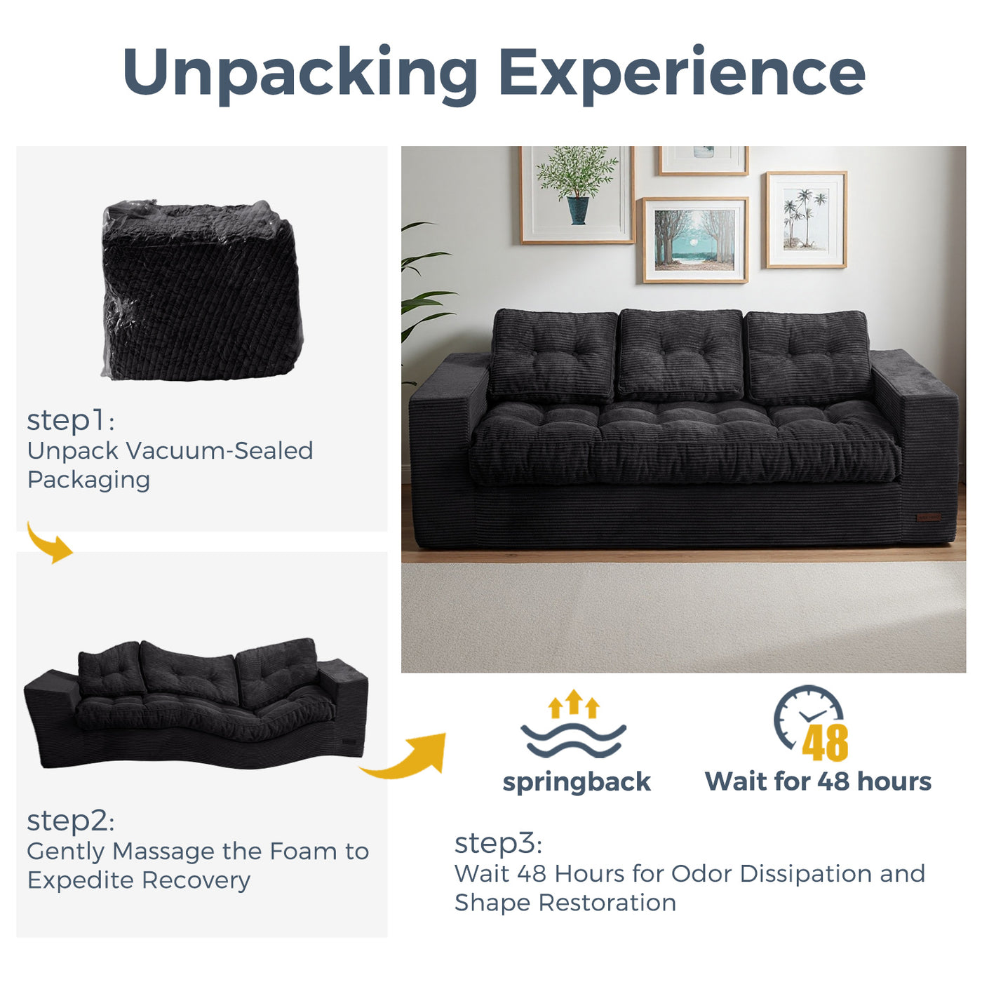 MAXYOYO 3 Seater Couch for Living Room - Boneless Couch, Sofa in A Box, No Assembly Required, Black