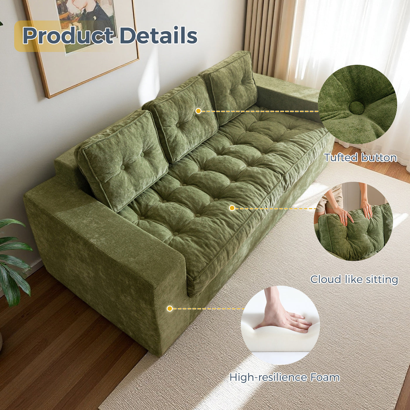 MAXYOYO Boneless Floor Sofa: Chenille 3-Seater Couch (Sofa in a Box)