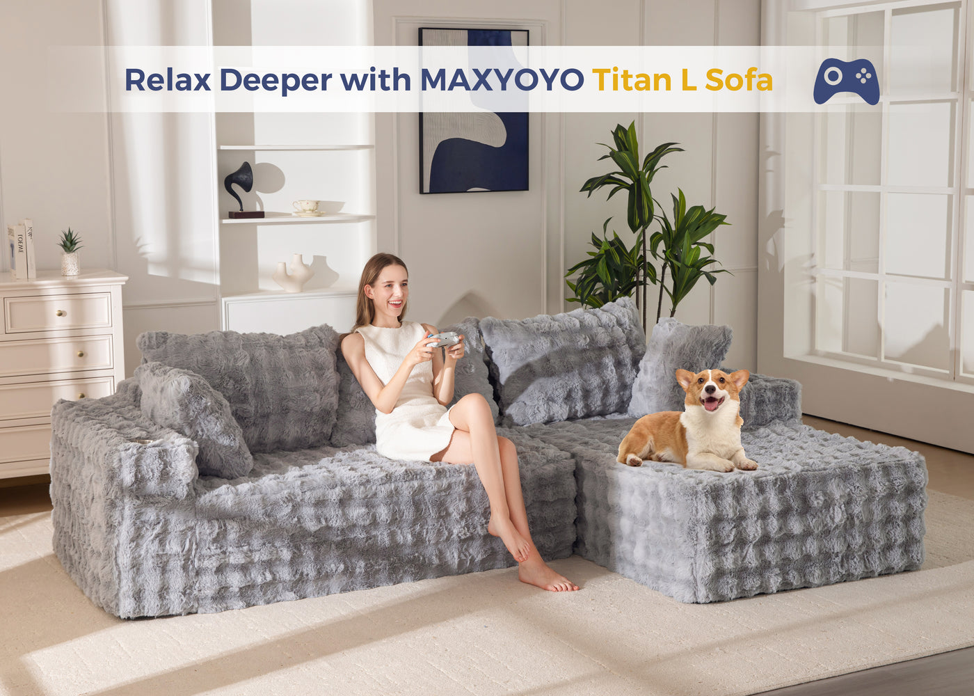 MAXYOYO 104" Modular Sectional Couch with L-Shape Chaise, Modern Boneless Couch for Living Room, Sofa in A Box, Oversized Sofa Sleeper with Deep Seat, No Assembly Required, Grey