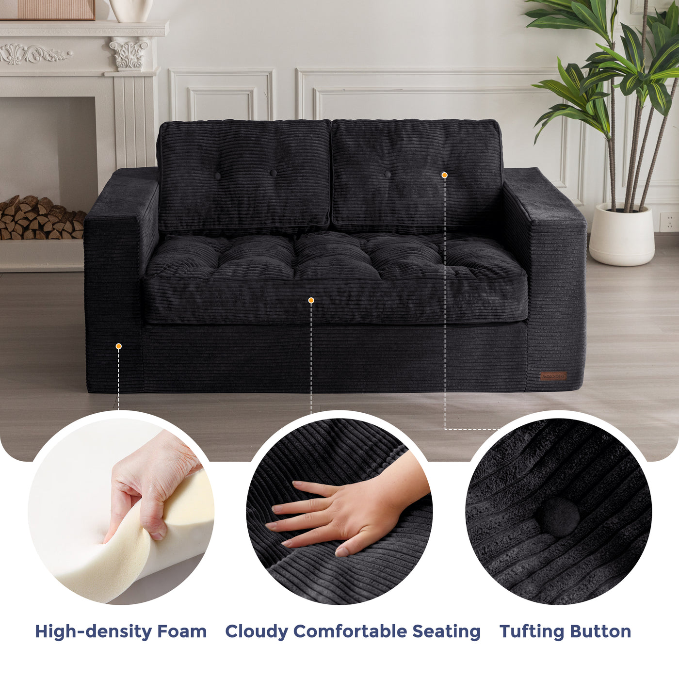 MAXYOYO Bean Bag Chair for Adults, Upholstered Floor Sofa with Armrests, Boneless Couch with Tufted Cushion & Backrest, Sofa in A Box, Large Bean Bag Couch for Bedroom Living Room, Dorm, Black