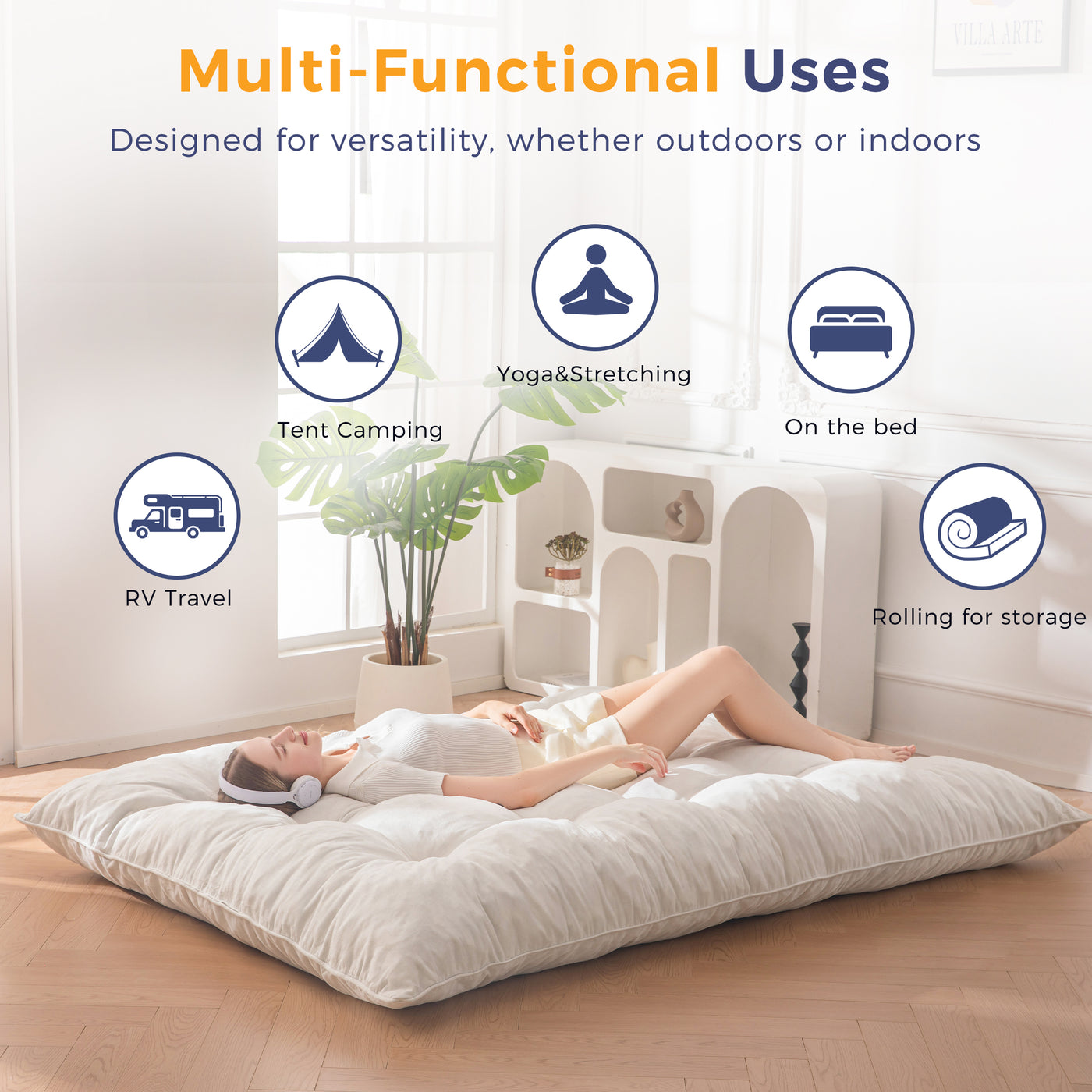 MAXYOYO Floor Futon Mattress, 6 Inch Tufted Folding Mattress with Chenille Fabric, Floor Sofa Bed Guest Couch Bed for Adults, Beige