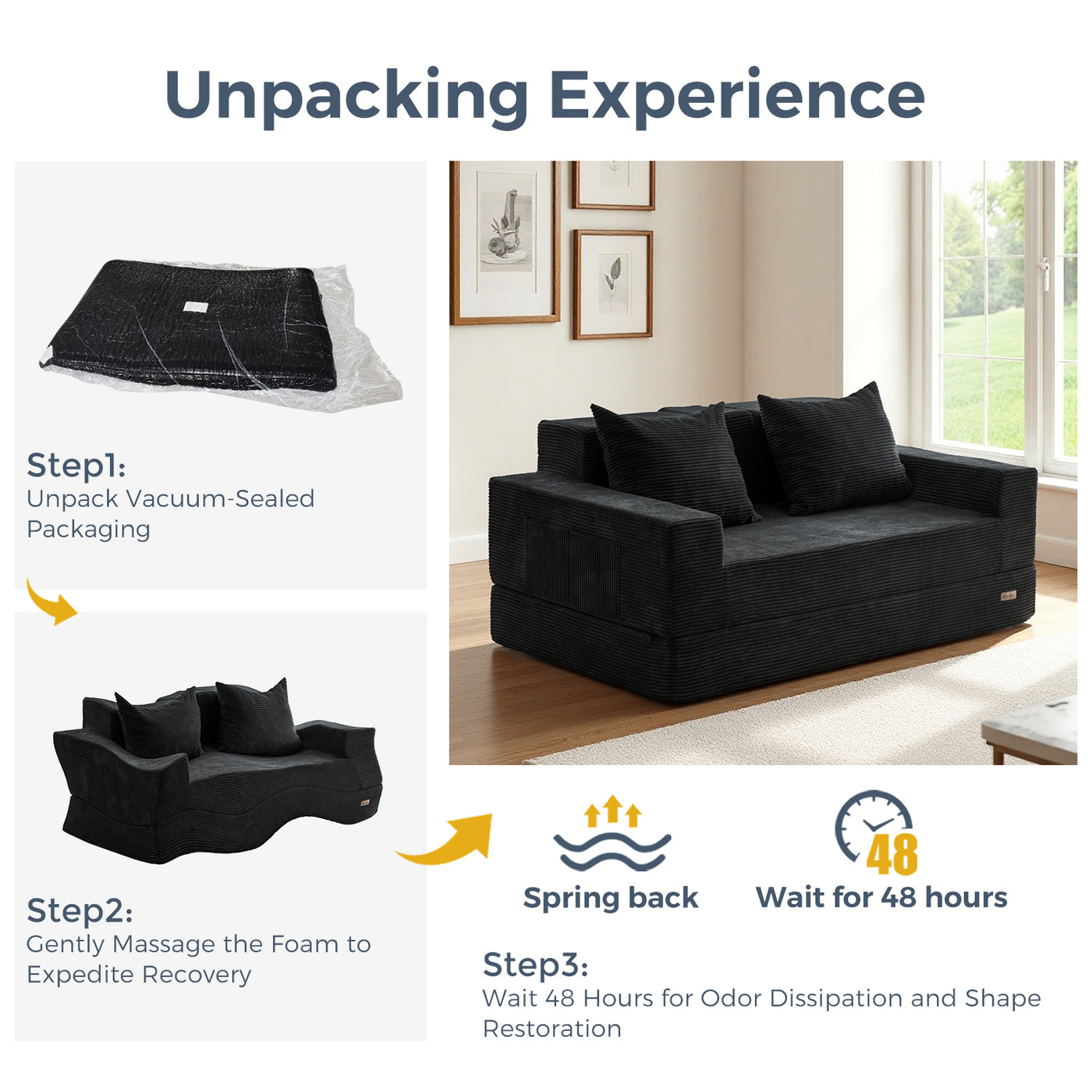 MAXYOYO 4-in-1 Loveseat Foldable Sofa Bed – Corded Convertible Floor Couch with Cup Holders, No Assembly, Black