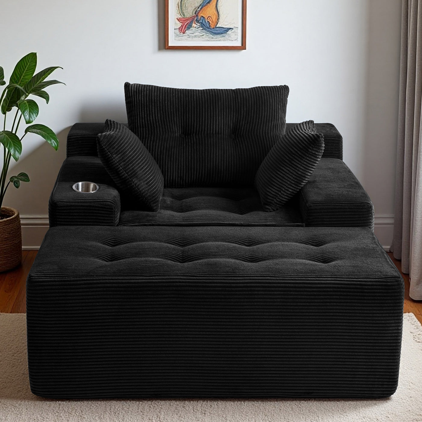 MAXYOYO Oversized Chaise Lounge Sofa with Ottoman – Deep Seat Tufted Floor Couch with 3 Pillows, Black