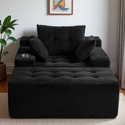 MAXYOYO Oversized Chaise Lounge Sofa with Ottoman – Deep Seat Tufted Floor Couch with 3 Pillows, Black