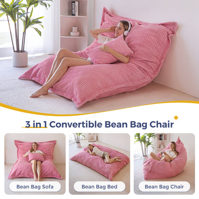 MAXYOYO Giant Bean Bag Chair with Pillow, 3 in 1 Convertible Bean Bag Bed for Adults with Washable Cover, Removable Floor Cushion Stuffed Floor Lounger for Living Room Bedroom, Pink
