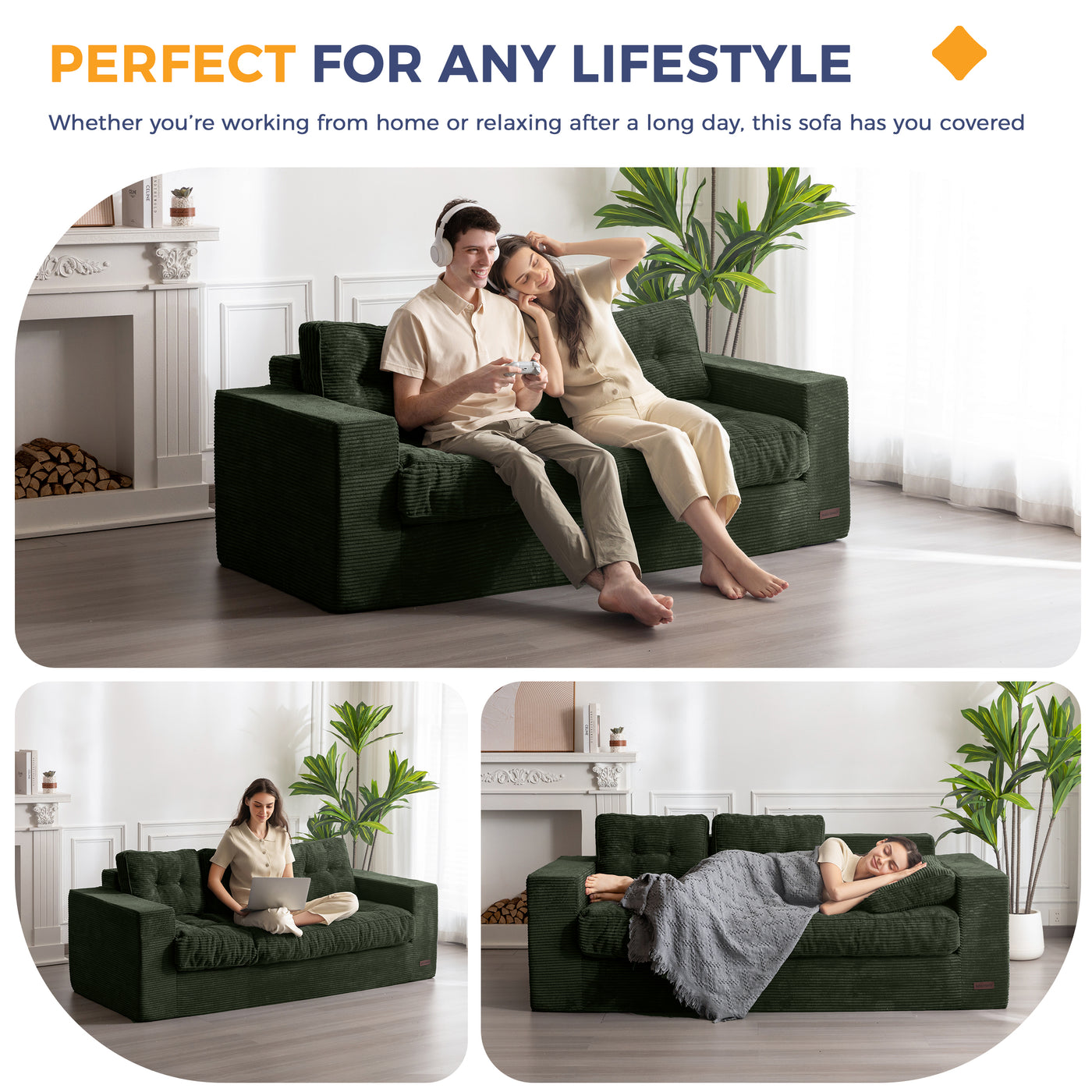 MAXYOYO 3 Seater Couch for Living Room, Boneless Couch with Tufted Cushion & Backrest, Upholstered Floor Sofa, Sofa in A Box, Dark Green