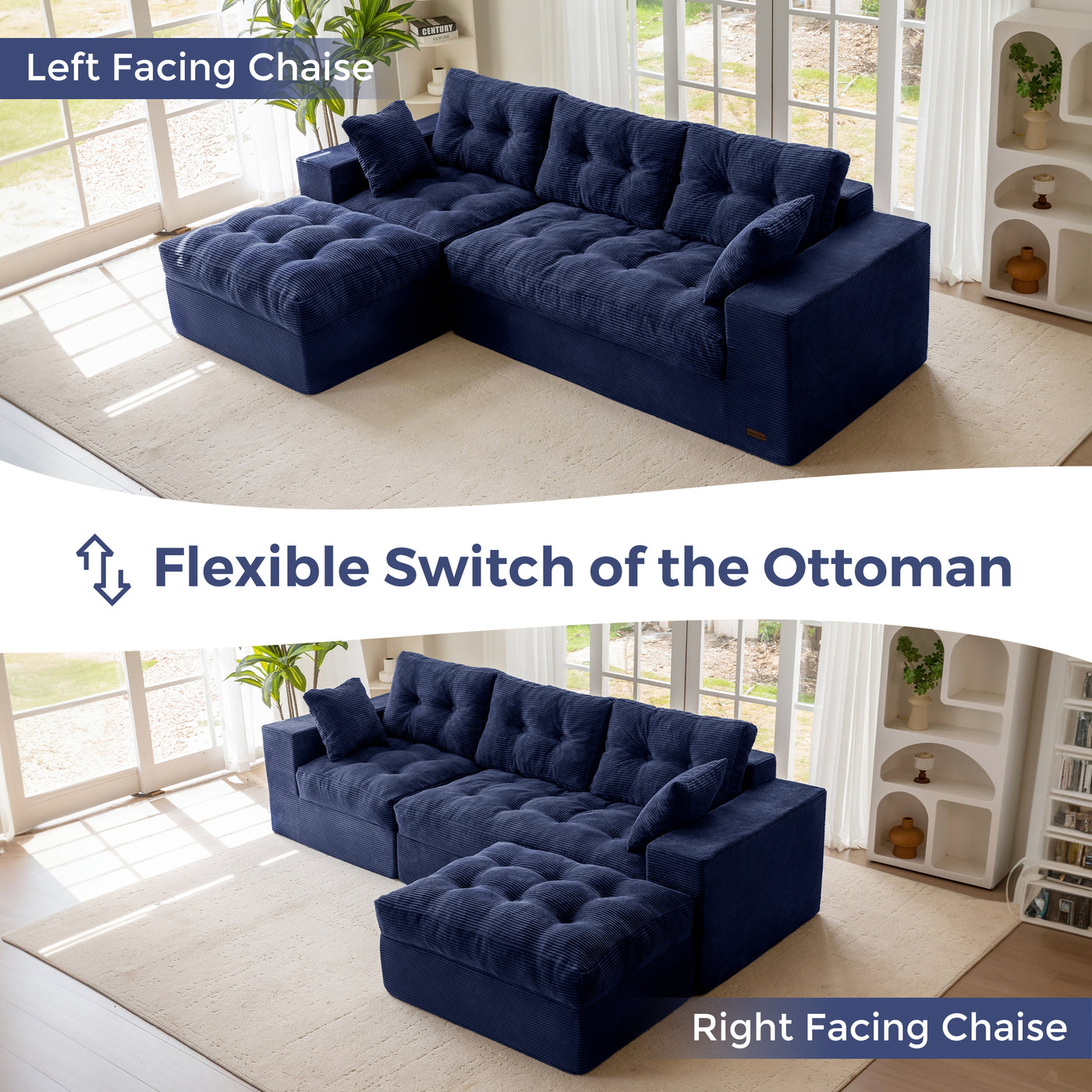 MAXYOYO L Shaped Sectional Sofa with Ottoman, Cloud Boneless Couch with Layered Cushion, Upholstered Modular Sofa with Tufting, Flexible Module Combination for Living Room, No Assembly Required, Navy