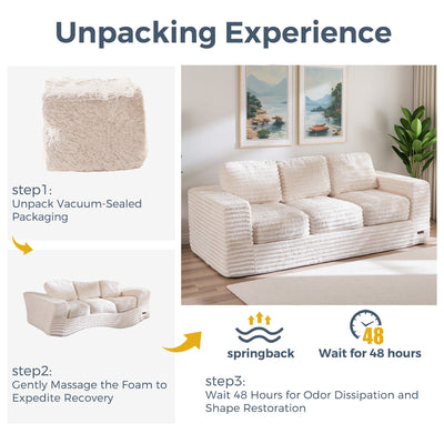 MAXYOYO 3-Seater Faux Fur Sofa – Fluffy Boneless Couch with Pillows in a Box, Faux Fur Lounge, No Assembly