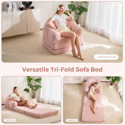 MAXYOYO Folding Sofa Bed, 2 in 1 Convertible Sofa to Lounger Comfy Single Bean Bag Chair for Adults, Floor Sleeper Couch with Handle, Faux Fur Couch Bed for Living Room Bedroom, Pink