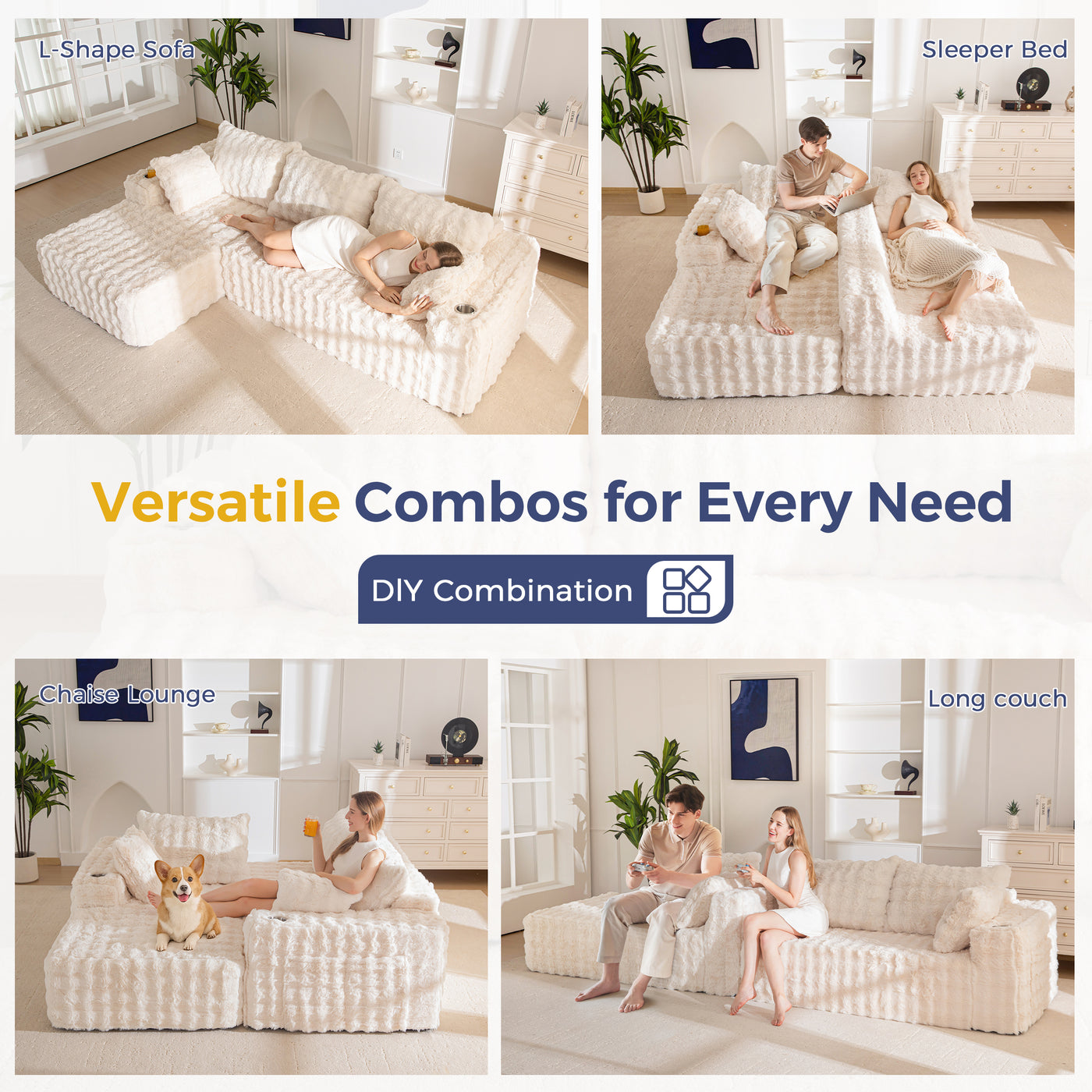 MAXYOYO 104" Modular Sectional Couch with L-Shape Chaise, Modern Boneless Couch for Living Room, Sofa in A Box, Oversized Sofa Sleeper with Deep Seat, No Assembly Required, Beige
