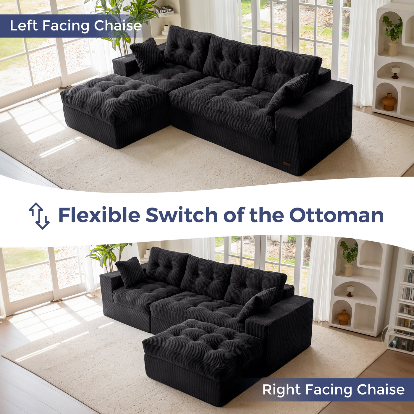 MAXYOYO L Shaped Sectional Sofa with Ottoman, Cloud Boneless Couch with Layered Cushion, Upholstered Modular Sofa with Tufting, Flexible Module Combination for Living Room, No Assembly Required, Black