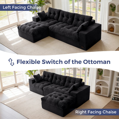 MAXYOYO L Shaped Sectional Sofa with Ottoman, Cloud Boneless Couch with Layered Cushion, Upholstered Modular Sofa with Tufting, Flexible Module Combination for Living Room, No Assembly Required, Black