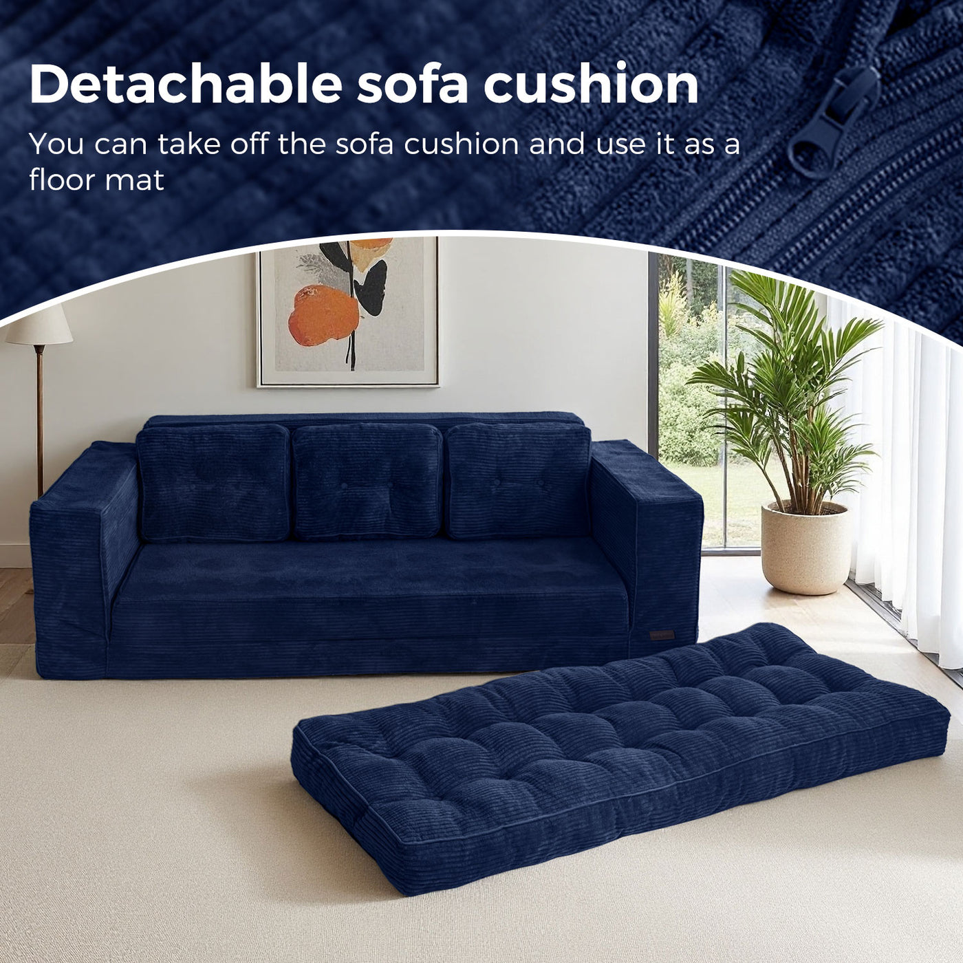 MAXYOYO 3-Seater Convertible Sofa Bed – Corded 2-in-1 Pull-Out Floor Couch with Pillows for Living Room, No Assembly