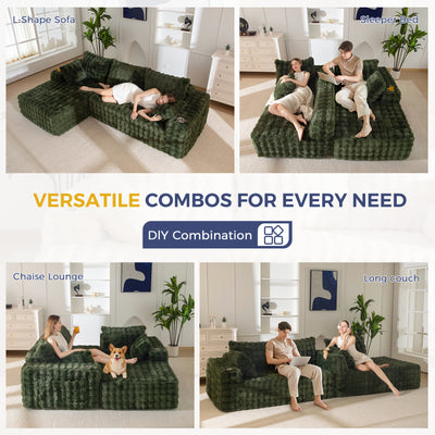 MAXYOYO 104" Modular Sectional Couch with L-Shape Chaise, Modern Boneless Couch for Living Room, Sofa in A Box, Oversized Sofa Sleeper with Deep Seat, No Assembly Required, Green