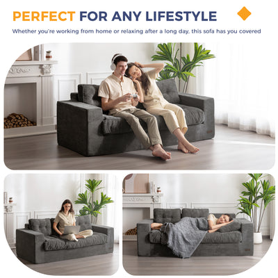 MAXYOYO 3 Seater Couch for Living Room, Boneless Couch with Tufted Cushion & Backrest, Upholstered Floor Sofa with Armrests, Sofa in A Box, No Assembly Required