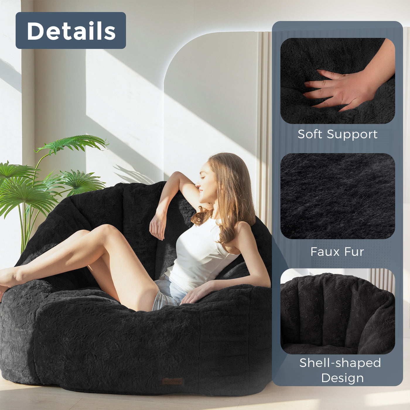 MAXYOYO Giant Bean Bag Chair, Oversized Bean Bag Couch for Adults and Kids, Faux Fur Shell-Shaped Large Chair with Filler, Stuffed Big Accent Sofa Lounge Floor Sofa for Gaming, Reading, Black