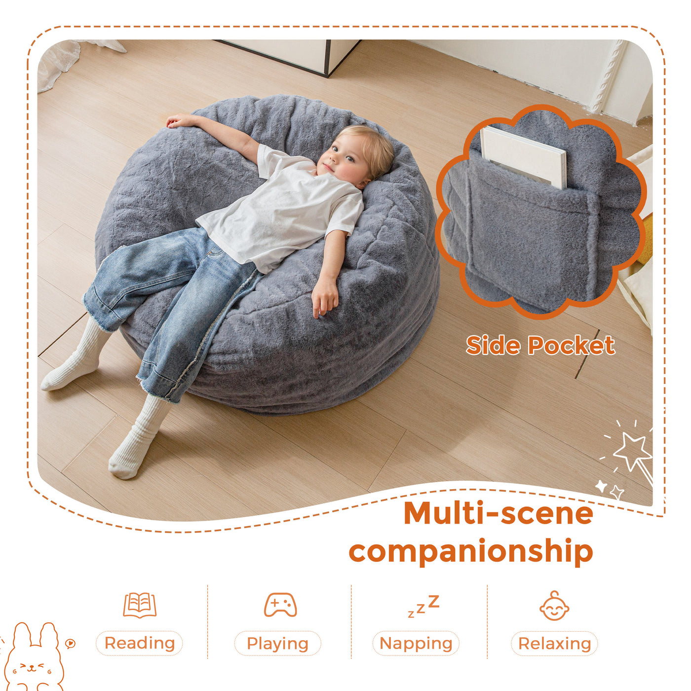 MAXYOYO Kids Bean Bag Chair, Stuffed Faux Fur Bean Bag for Toddler, Ultra Soft Floor Sofa with High-Density Foam Filling, Lazy Chair for Living Room, Playroom, Nursery Room,DGrey