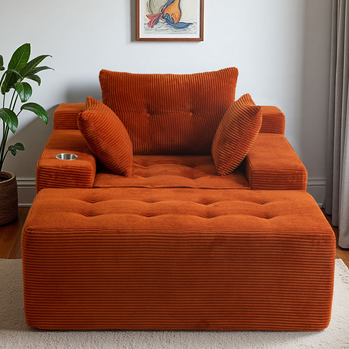 MAXYOYO Oversized Chaise Lounge Sofa with Ottoman – Deep Seat Tufted Sleeper Chair with 3 Pillows, Orange