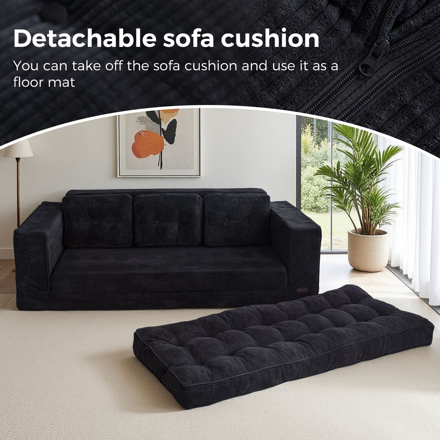 MAXYOYO 3-Seater Convertible Sofa Bed – Corded 2-in-1 Pull-Out Floor Couch with Pillows for Living Room, No Assembly