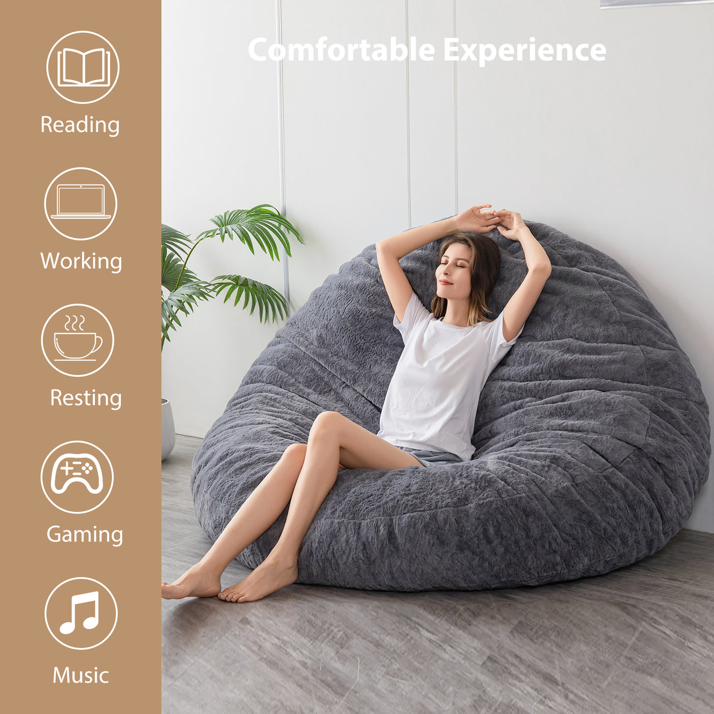 MAXYOYO Giant Fur Bean Bag Chair - Round Fluffy Bean Bag for Adult, Dark Grey