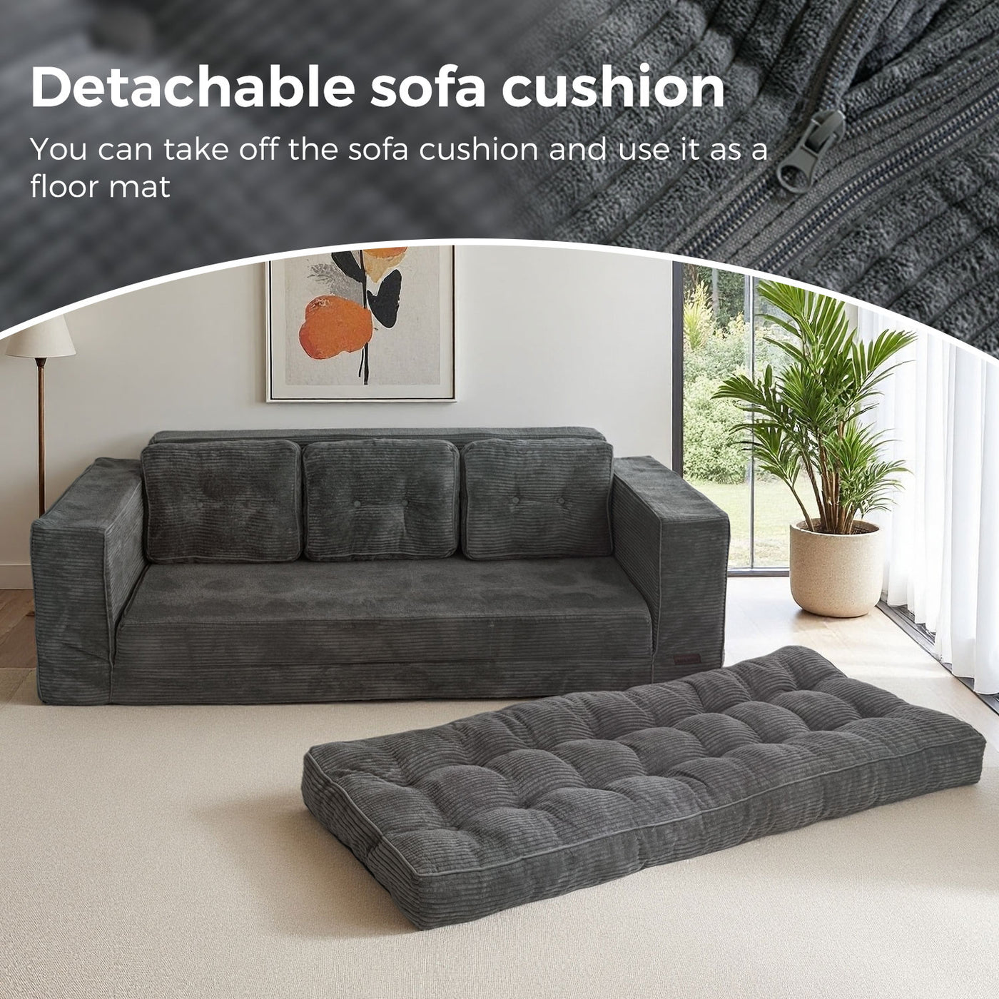 MAXYOYO 3-Seater Convertible Sofa Bed – Corded 2-in-1 Pull-Out Floor Couch with Pillows for Living Room, No Assembly