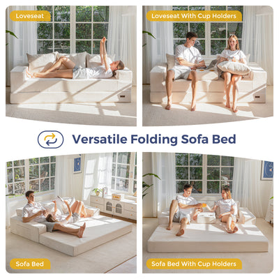 MAXYOYO Sofa Bed, 4 in 1 Foldable Floor Sofa Couch in A Box with 2 Cup Holders, Convertible 3 Seater Boneless Couch Folding Recliner Sleeper Chair for Living Room, No Assembly Required