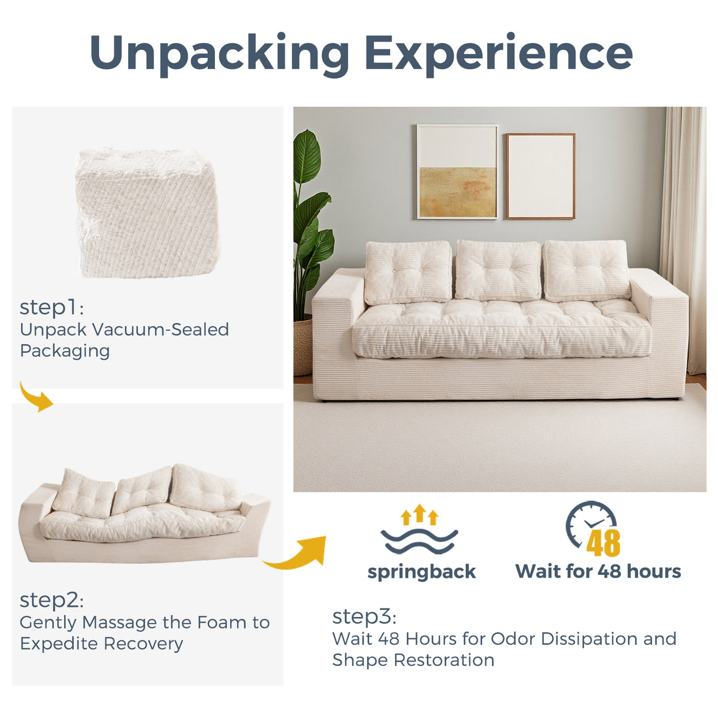MAXYOYO 3 Seater Couch for Living Room - Boneless Couch, Sofa in A Box, No Assembly Required, Beige