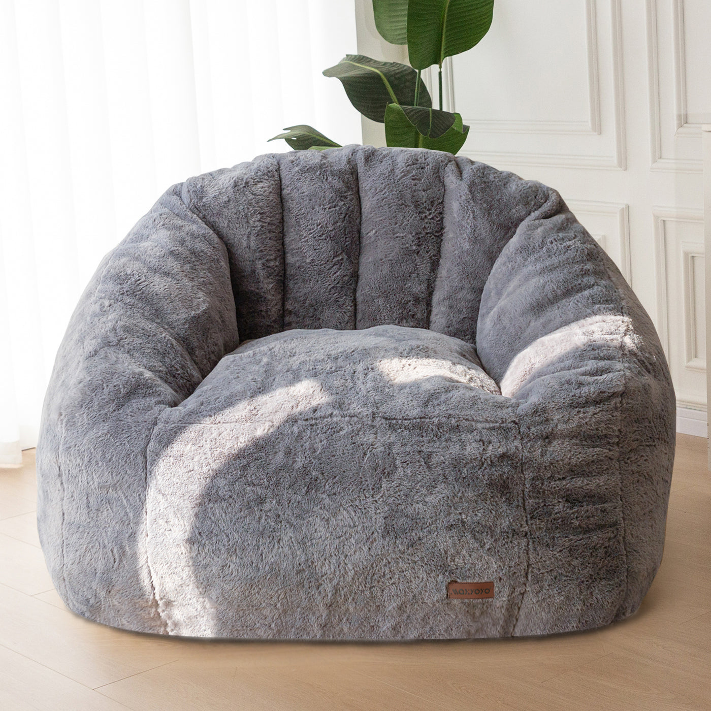MAXYOYO Giant Bean Bag Chair, Faux Fur Shell-Shaped Oversized Bean Bag Chair with Filler for Gaming, Reading (Dark Grey)