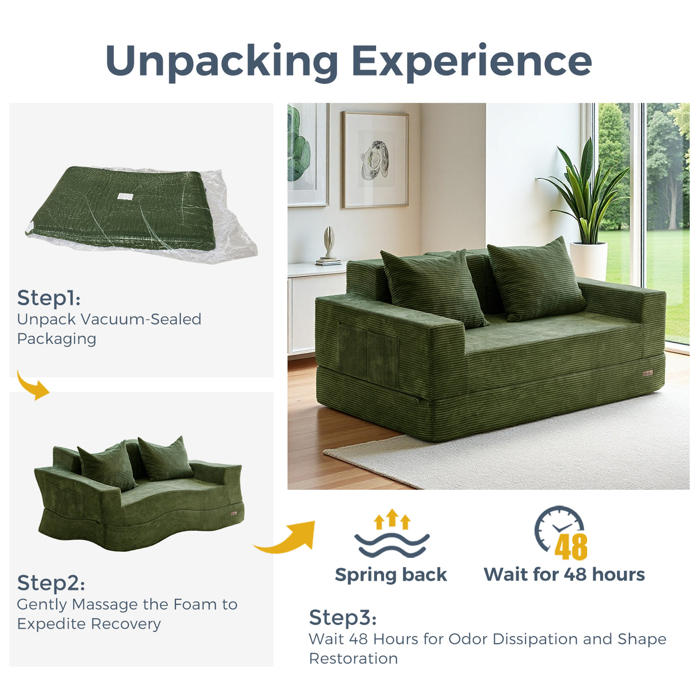 MAXYOYO Loveseat Sofa Bed in a Box – Corded 4-in-1 Floor Couch with Cup Holders, No Tools Needed, Dark Green