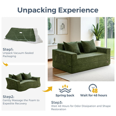 MAXYOYO Loveseat Sofa Bed in a Box – Corded 4-in-1 Floor Couch with Cup Holders, No Tools Needed, Dark Green