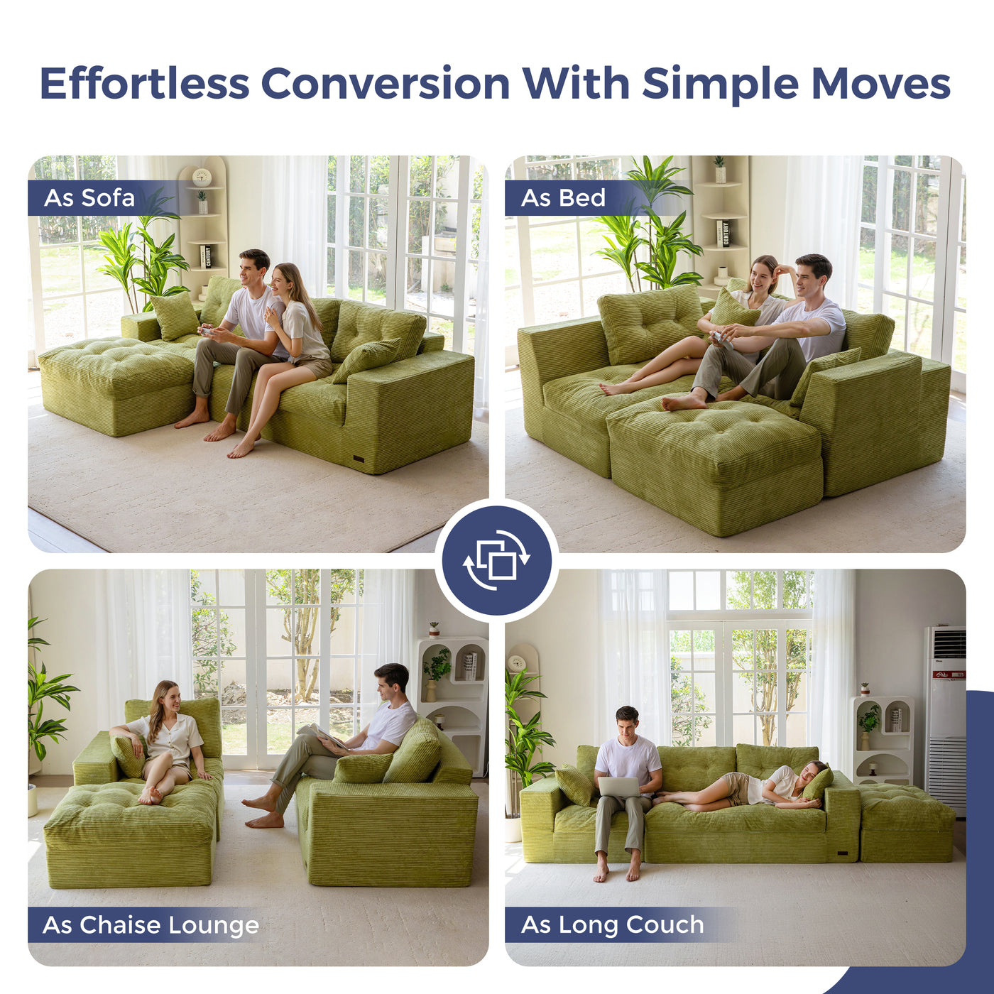 Green sectional sofa transforming into different furniture pieces in a living room setting.