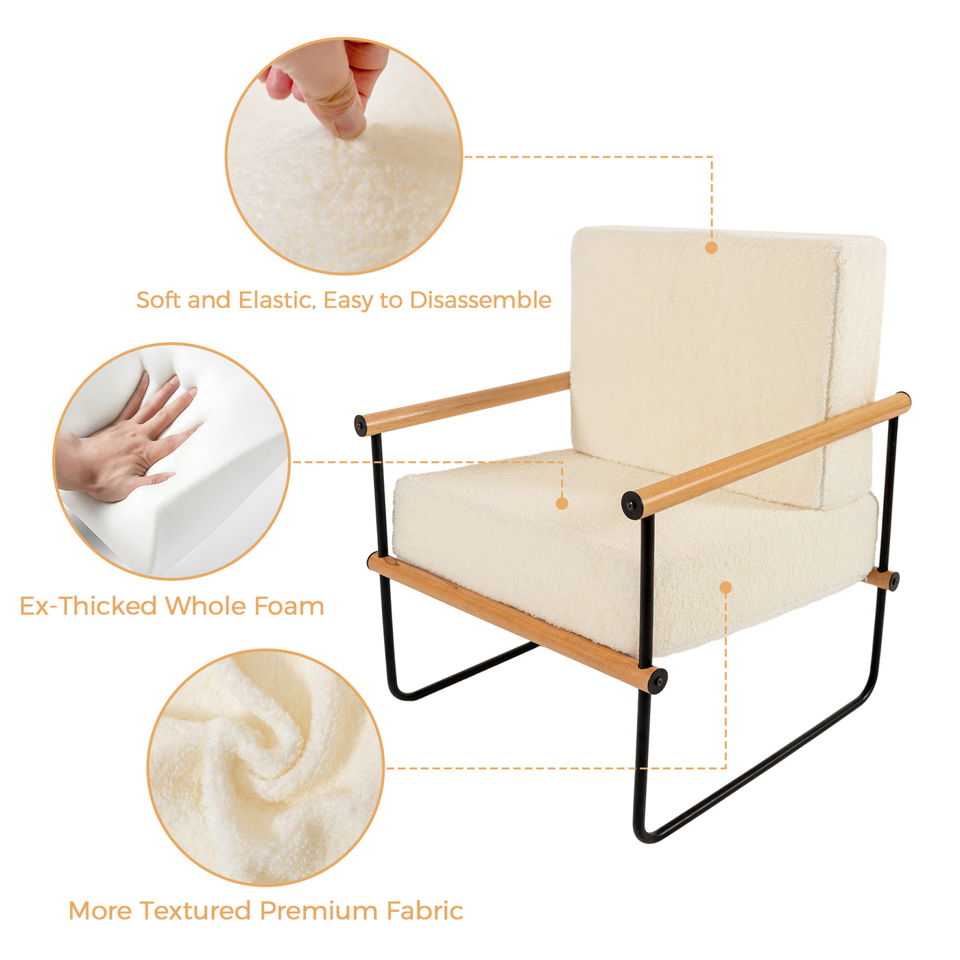 MAXYOYO White Framed Upholstered Armchair - Metal and Wood Accent Chair with Thick Upholstery