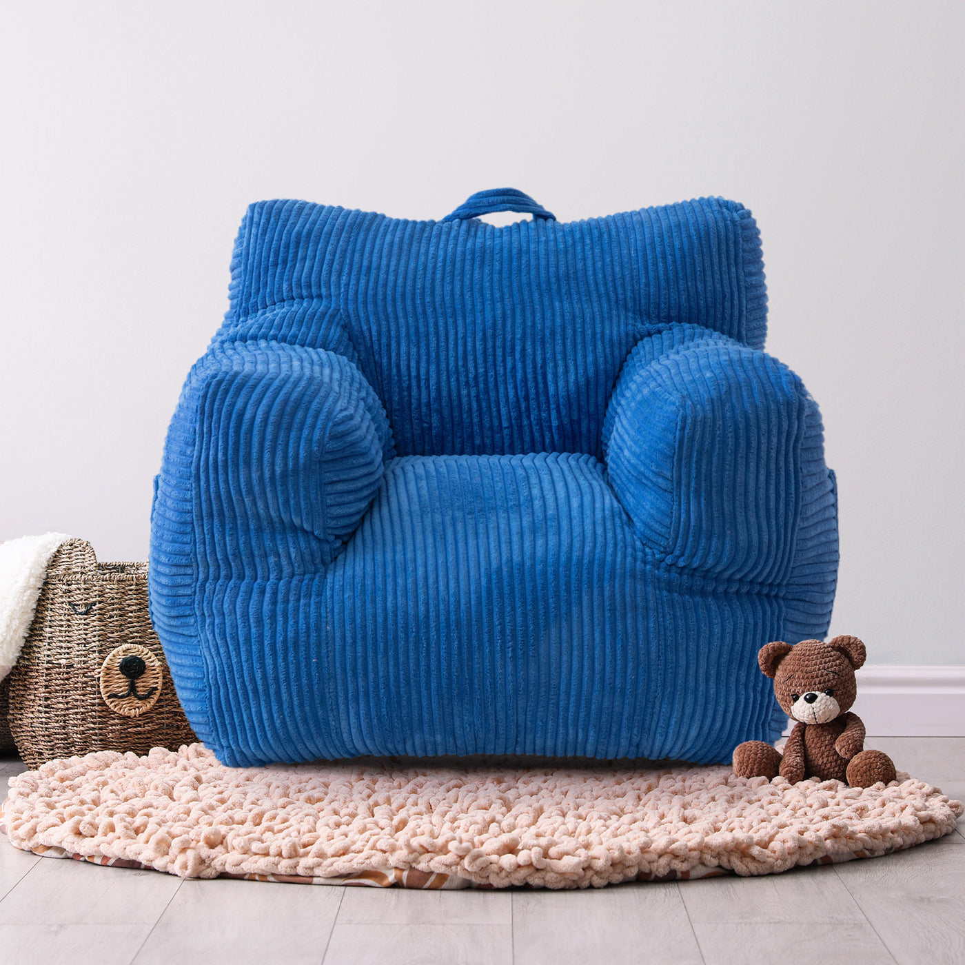 MAXYOYO Kids Bean Bag Chair, Corduroy Bean Bag Couch with Armrests for Children's Room (Blue)