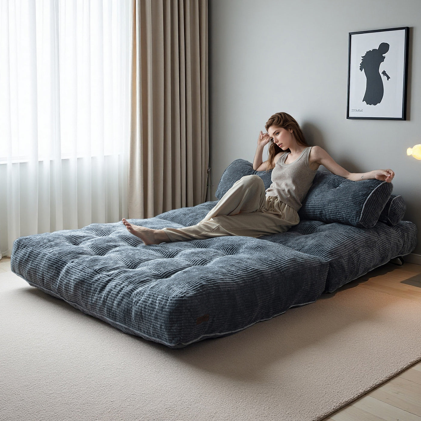 MAXYOYO Corduroy Folding Sofa Bed, Convertible Sleeper Chair with Pillow Foldable Mattress with Back Support(Double), Dark Grey