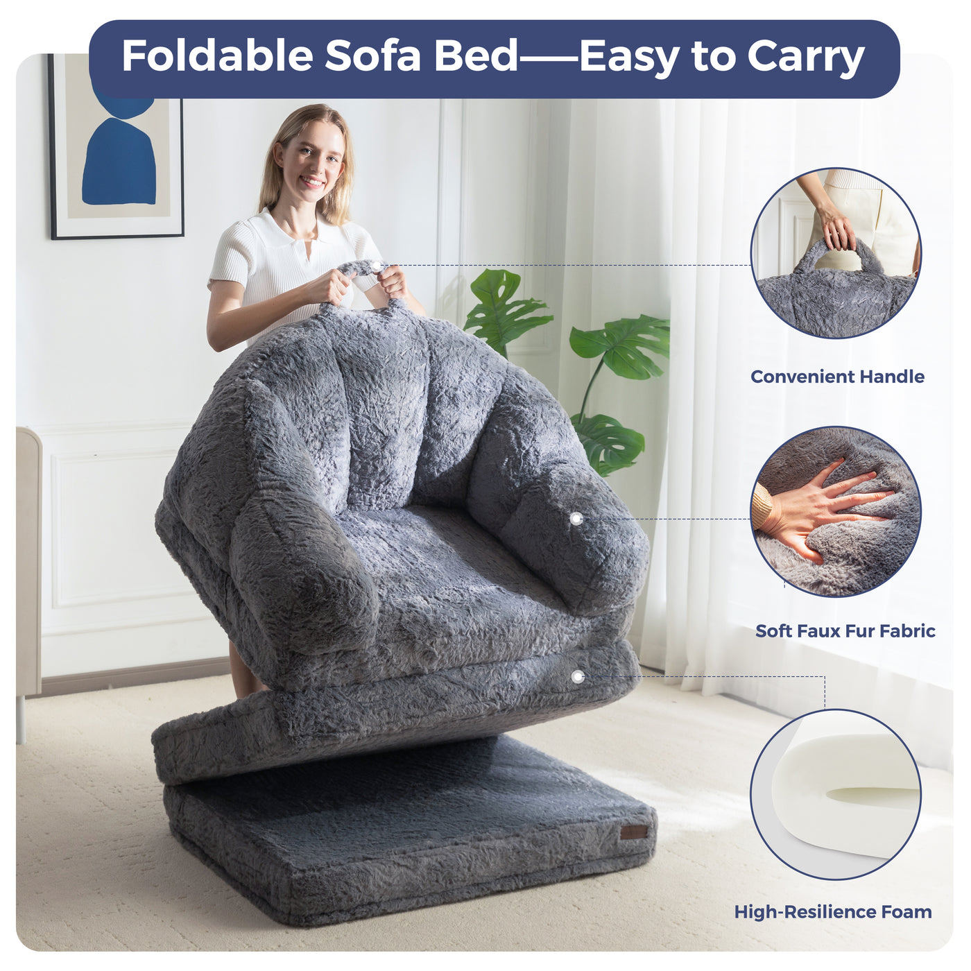 MAXYOYO Folding Sofa Bed, 2 in 1 Convertible Sofa to Lounger Comfy Single Bean Bag Chair for Adults, Floor Sleeper Couch with Handle, Faux Fur Couch Bed for Living Room Bedroom, Grey