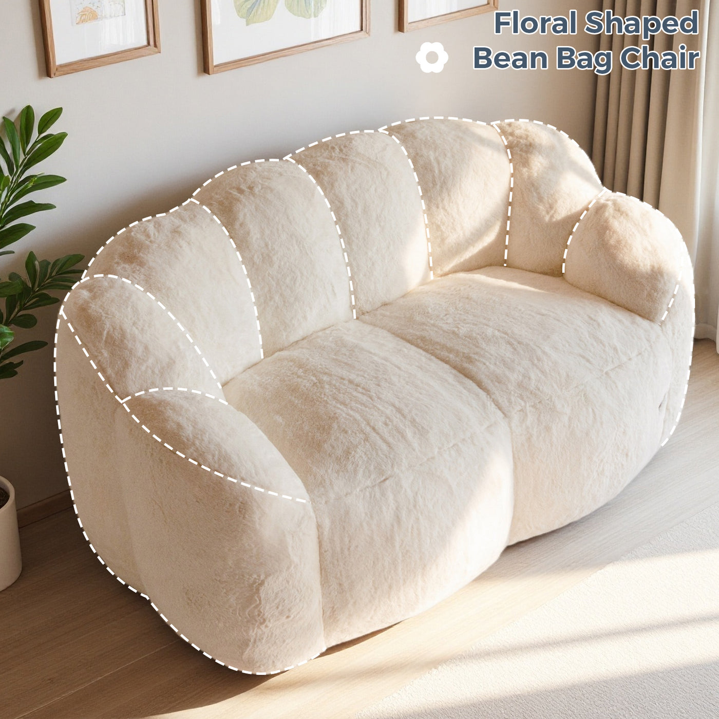 MAXYOYO Bean Bag Chair, Ultra Soft Faux Fur Loveseat Floral Petal Back Sofa for Adults, Double Size (Beige)