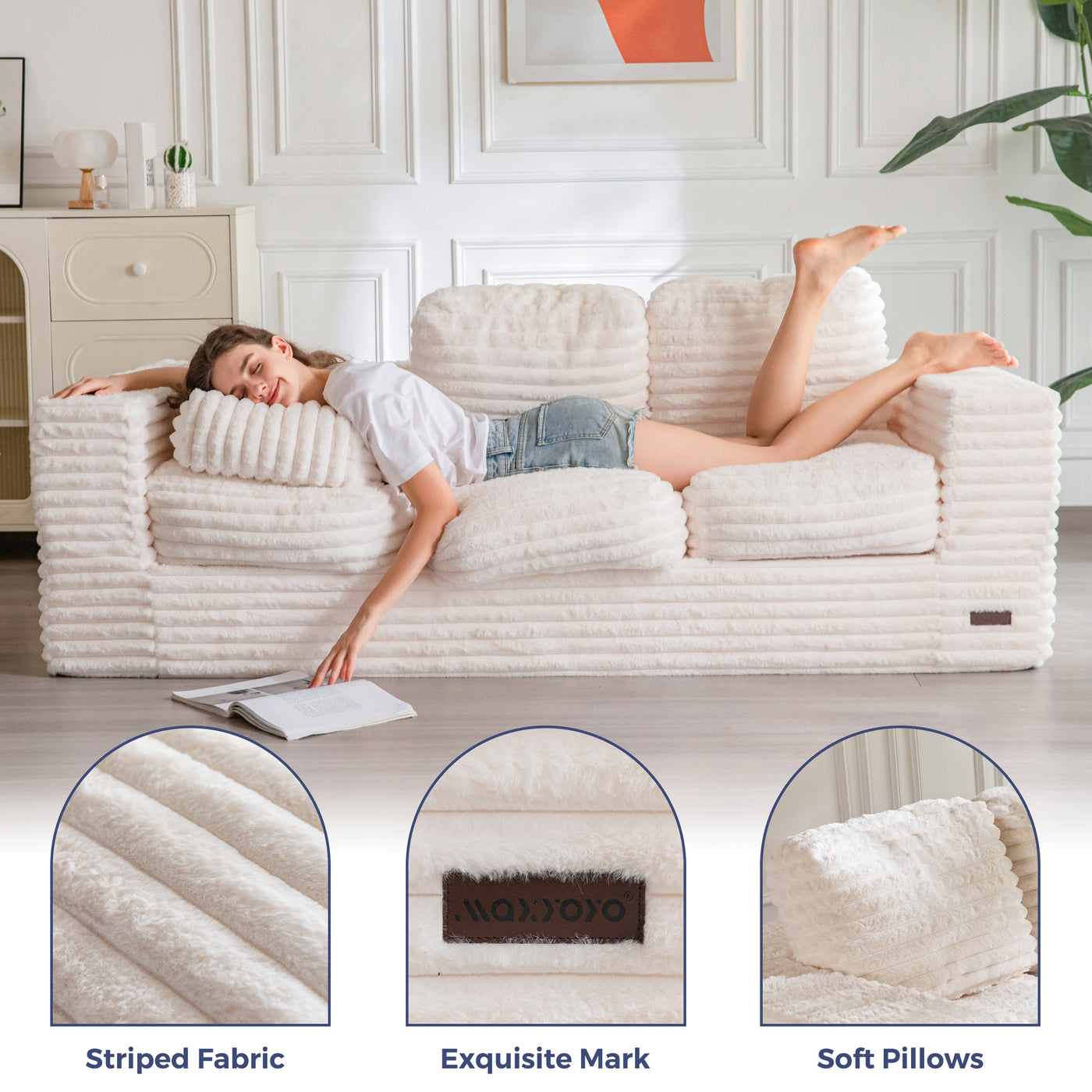 MAXYOYO 3-Seater Boneless Sofa Couch in a Box, Modern Faux Fur Sofa for Living Room, Soft High-Density Foam Couch with Pillows, Fluffy & Supportive Chair Lounge, No Assembly Required